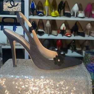 Kate Spade Jean Material Sling Back Heel with detailed flowers